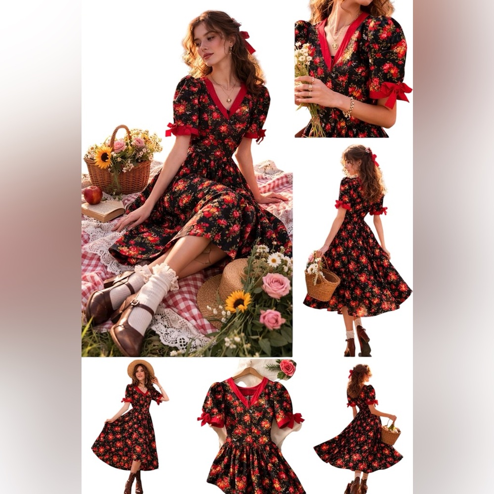 VTG Cottagecore Prairie Floral Red Midi Puff Sleeves Romantic Dress Size 5